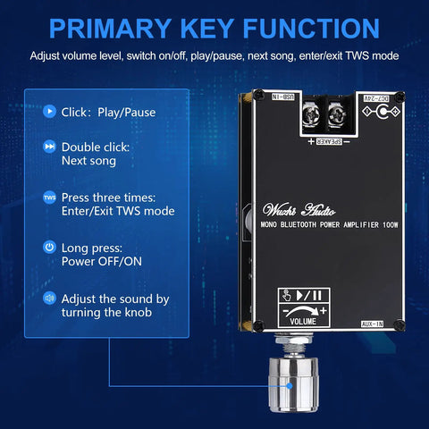Bluetooth Enabled Mono Power Amplifier Module 100W For DIY Audio Projects With TPA3116D2 Chip, drives volume knob controls