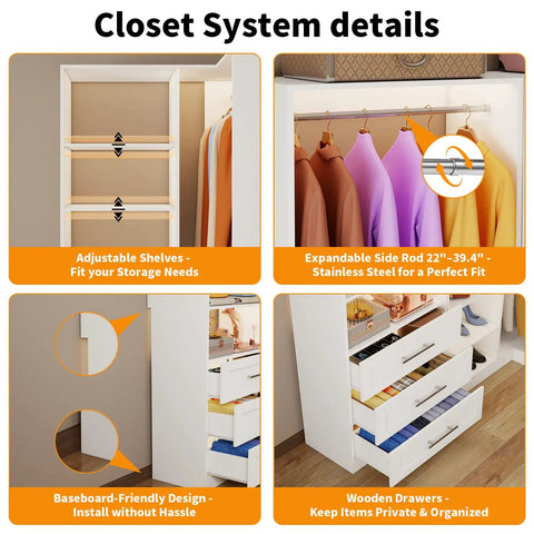 L Shaped Corner Closet System With Nine Roomy Drawers And Spacious Open Shelves Freestanding Modular Wardrobe Organizer loaded with adjustable shelves and wooden drawers.