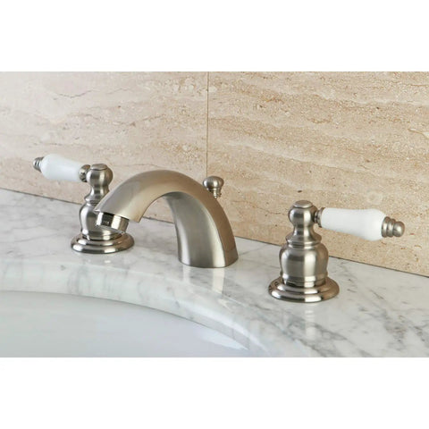 Vintage Victorian Mini Spread Lavatory Faucet In Brushed Nickel, Solid Brass Construction, Duraseal Cartridge, Deck Mount