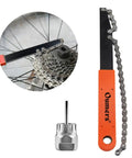 Bike Chain Tools Kit with Chain Whip and Cassette Removal Tool Sprocket Remover shown with bike cassette