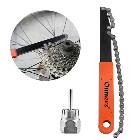 Bike Chain Tools Kit with Chain Whip and Cassette Removal Tool Sprocket Remover shown with bike cassette