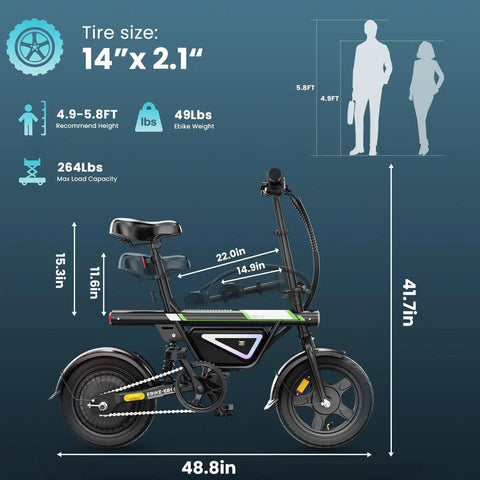 Beast 1500W Peak And 1000W Continuous Motor Electric Bike For Adults, dimensions and tire size with 14 inch foldable frame