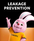 Cartoon bunny mascot promoting leakage prevention wearing a Duracell shirt, with bold text in background.