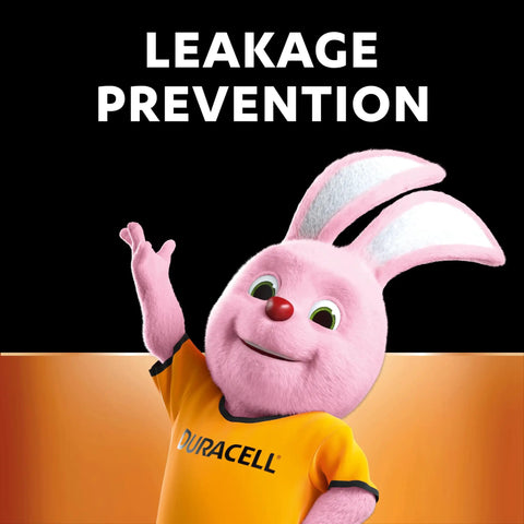 Cartoon bunny mascot promoting leakage prevention wearing a Duracell shirt, with bold text in background.