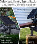 Solar Powered Outdoor Patio String Lights 27 Ft With 12 LED Bulbs installation options, including stake, clip, and screws.