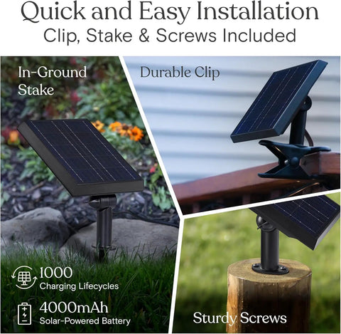 Solar Powered Outdoor Patio String Lights 27 Ft With 12 LED Bulbs installation options, including stake, clip, and screws.
