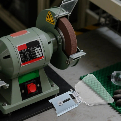 Heavy Duty Clear Plastic Shield For Bench And Angle Grinder Featuring Dust Blocking Guard and Wear Resistant Material on workbench.