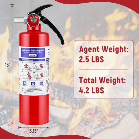 2.5 Lb Abc Dry Powder Fire Extinguisher Rated 1A 10B C, portable red design shown against flames, details agent and total weight.