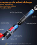 Trileria Visual Fault Locator fiber optic tester with 50 km range; exploded view shows battery compartment and metal head