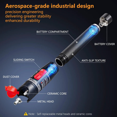 Trileria Visual Fault Locator fiber optic tester with 50 km range; exploded view shows battery compartment and metal head