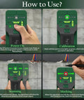 6 In 1 Stud Finder Wall Scanner With Cross Line Laser Detect Wood Studs And Live AC Wires Dual Bubble Levels Built In Ruler For Handy DIY Home Improvement Projects, close-up usage steps