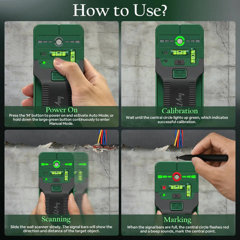 6 In 1 Stud Finder Wall Scanner With Cross Line Laser Detect Wood Studs And Live AC Wires Dual Bubble Levels Built In Ruler For Handy DIY Home Improvement Projects, close-up usage steps