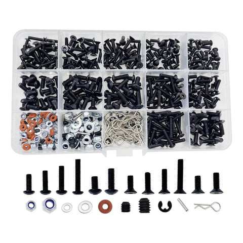 RC Screw Kit And Repair Set With 500 Pieces M3 M4 Screws Flat And Round Head Hex Drive Washers Lock Nuts Body Clips E Clips Pins O Rings For 1/8 1/10 1/12 1/16 Scale RC Cars Trucks Crawlers Buggies, assorted fasteners in organizer