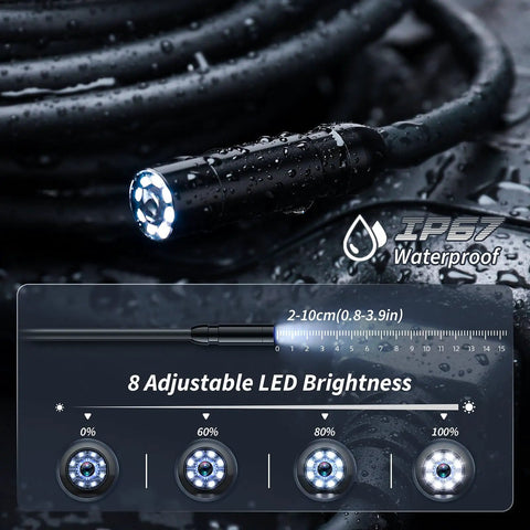 Dope Endoscope Camera With Light For Quick Inspections showing IP67 waterproof feature and 8 adjustable LED lights.