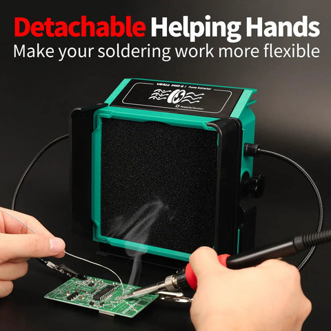 Solder Fume Extractor With Tiltable Stand And Flexible Helping Hands, 8 Extra Filters, shown with hands soldering a circuit board.