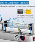 Close-up of Precision Component Cylinder in Heavy Duty Horizontal Liquid Filling Machine 100 To 1000 Milliliter Automatic Pneumatic Bottle Filler.
