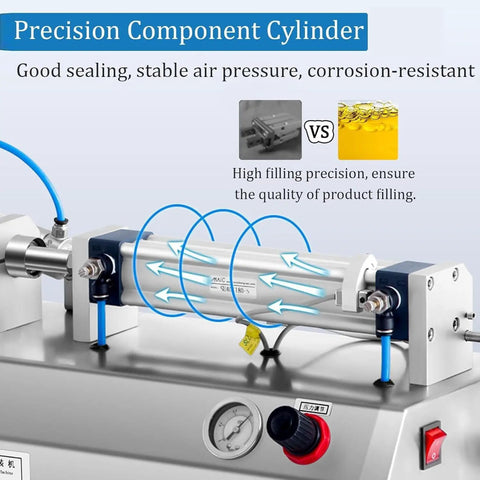 Close-up of Precision Component Cylinder in Heavy Duty Horizontal Liquid Filling Machine 100 To 1000 Milliliter Automatic Pneumatic Bottle Filler.