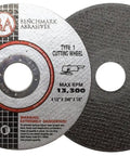 Front and back of 4.5-inch aluminum oxide cut-off wheel, Type 1 for angle grinder, showing 7/8 inch arbor, 25 pack, Benchmark Abrasives.