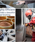 55 lb garnet sandblasting abrasive (#100 grit) in open cans; PPE-clad worker blasting metal; wheel rim being cleaned