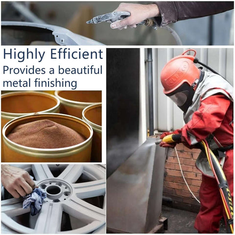 55 lb garnet sandblasting abrasive (#100 grit) in open cans; PPE-clad worker blasting metal; wheel rim being cleaned