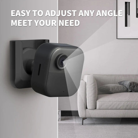 No Drill Wall Mount Bracket For Outdoor 4 And Outdoor 2K Plus Mini 2 And Indoor Cameras shown mounted in a living room corner