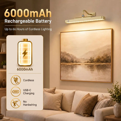 Premium Rechargeable Motion Sensor Picture Light Gold Wall Mounted Frame Illuminator with 6000mAh battery above artwork.