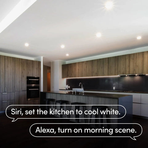 Modern kitchen with Smart Downlight Retrofit Kit With SuperColor Technology, 800 Lumen, 90 CRI, smart home control prompts