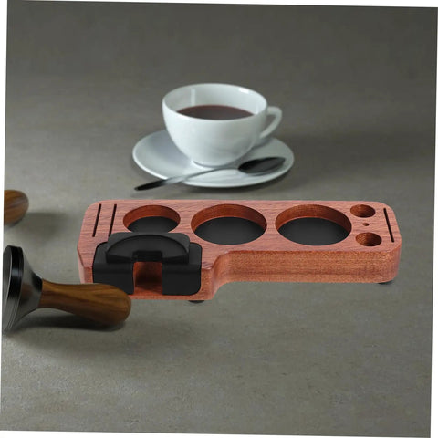 Sturdy Wooden Espresso Tamper Station Featuring Slick Portafilter Holder And Compact Coffee Organizer To Keep Your Kitchen Counter Looking Fresh And Totally Built For The Morning Rush with coffee cup