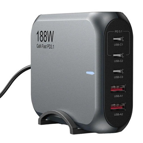 Side view of gray 188W 5 Port USB C Fast Wall Charger For Mini 4 Pro And Mini Series Drones, showing ports and sleek design.