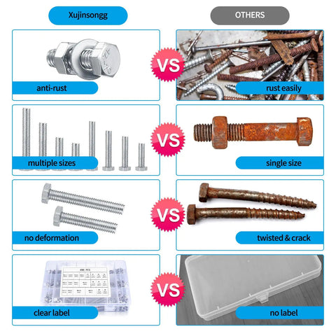 Comparison of 304 Stainless Steel Hex Bolts Nuts And Washers Kit With 496 Pieces vs rusted ordinary bolts, highlighting rust resistance.