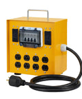 Heavy Duty 30A Temporary Power Distribution Box With L14-30P Input And Four GFCI 20A Duplex Outlets, yellow steel compact design.