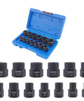 13 Piece Impact Bolt And Nut Remover Kit with Nut Extractor Sockets displayed in blue carrying case, 1/4 to 3/4 inch sizes