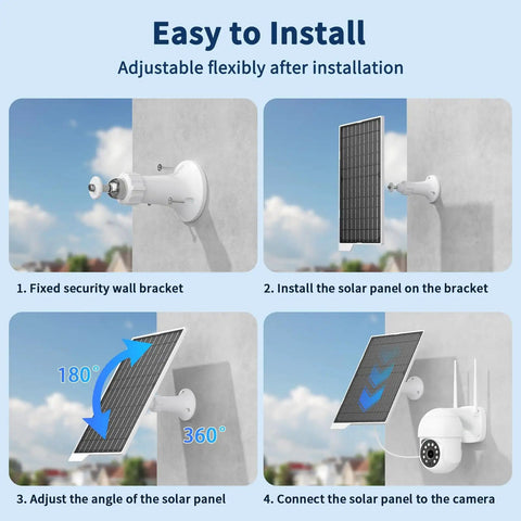 Installation steps for Two Pack 9W Solar Panels IP65 Waterproof Charger Kit with wall bracket and adjustable angles for cameras