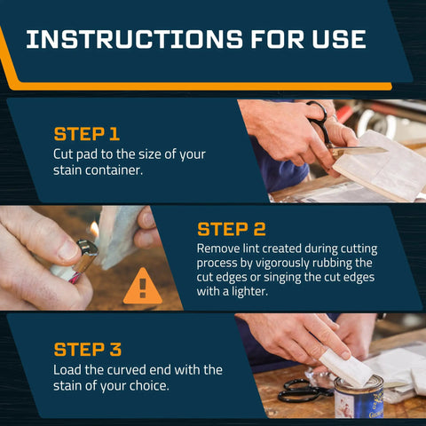 Instructions for Slick Double Thick Stain Applicator Pad For Wood Finishes showing usage steps and maintenance tips.