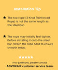 Installation tip for heavy duty outdoor hammock chair swing with steel spreader bar and anti-slip rings, 500 pound capacity.