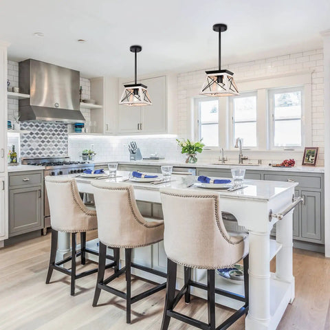 Farmhouse Pendant Light Fixture Rustic Beige Hanging Vintage Pendant Chandelier in modern kitchen with island and stools