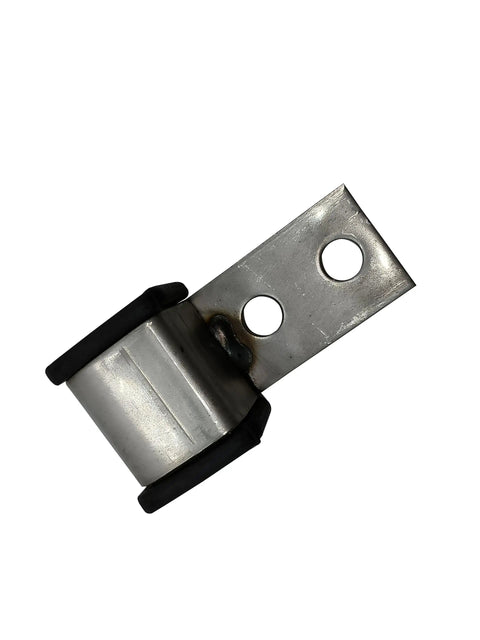 Close-up view of metal exhaust hanger with rubber isolation, part of 4 Pack Universal Exhaust Hanger Rod Weld On Heavy Duty Hanger Kit.