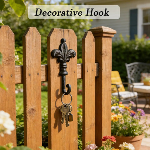 Top Shelf Single Piece Heavy Duty Cast Iron Wall Hook With Screws Vintage Coat Hanger Organizer For Scarves Bags Towels Keys Cap Rustproof Badass Home Decor Accessory mounted on wooden fence holding keys.