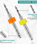 Close-up of two tungsten carbide steel drill bits from 40 Pcs PCB Micro Drill Bit Set 0.1mm To 1.0mm with ergonomic design.