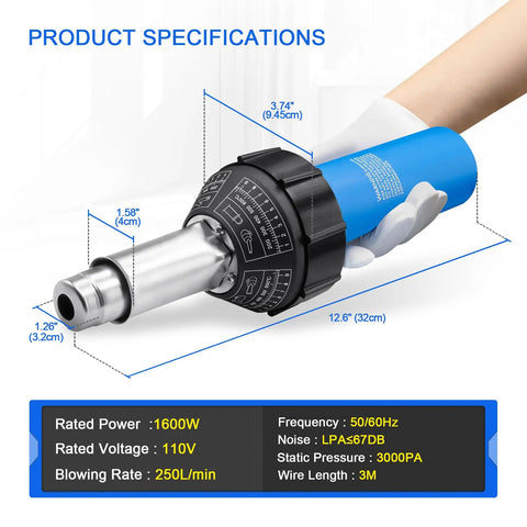1600W Hot Air Plastic Welder Kit For Roofing And Vinyl PVC TPO Repairs, Handheld Heat Gun Welding Torch With specifications