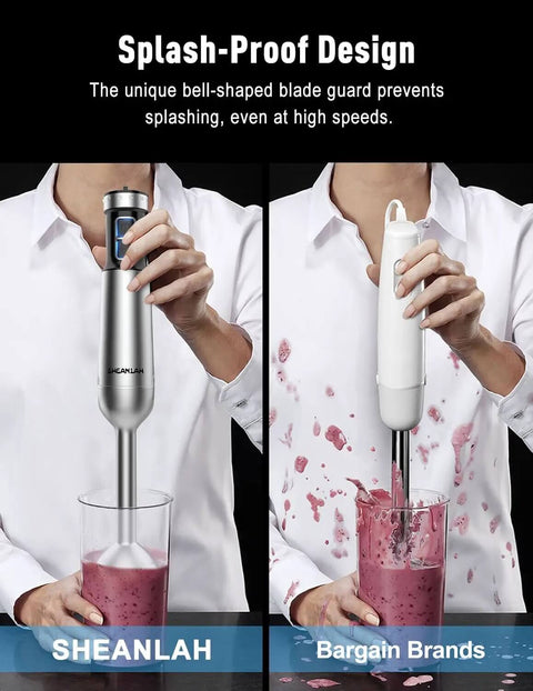 Heavy Duty 1000W Immersion Blender With 25 Adjustable Speed Settings And Tough Copper Brushless Motor in action, showing splash-proof design.
