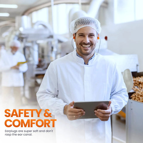 Man in food processing plant wearing Detectable Foam Earplugs 50 Pairs NRR 32dB With Detectable Cord For Food Service Industry