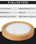 Heavy Duty Hot Melt Edgebander Glue Pellets for Cabinetry and DIY Fixes in a round wooden container, white translucent.