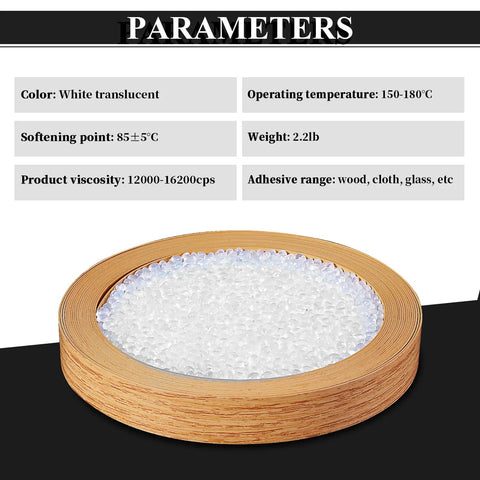 Heavy Duty Hot Melt Edgebander Glue Pellets for Cabinetry and DIY Fixes in a round wooden container, white translucent.