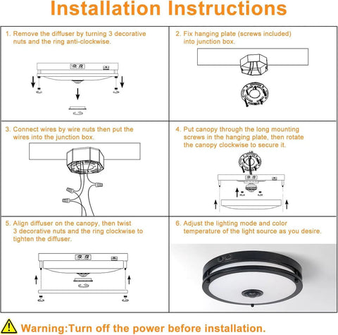 Installation instructions for Outdoor Motion Sensor LED Ceiling Light Flush Mount 12 Inch Dusk To Dawn Exterior Black Fixture
