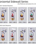 Heavy Duty Horizontal Sidewall Fire Sprinkler Head Half Inch NPT 155 Degree Standard Response FM Approved UL Listed 6 Pack Chrome Finish image showing various temperature response models.