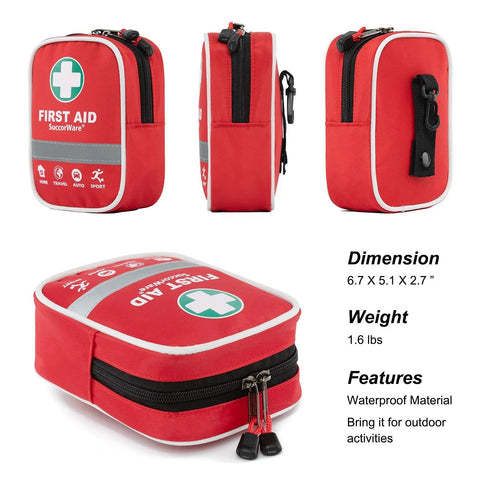 SuccorWare red first aid kit pouch with white trim and zipper; front, side, and top views.