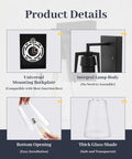 Product details showing two light wall sconce in brushed nickel with clear glass shades and mounting components