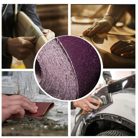 Collage of 2000 Grit Purple Pro Grade Wet Dry Sandpaper Sheets 9x11 Inch used for wood, metal, automotive, and detailed polishing.