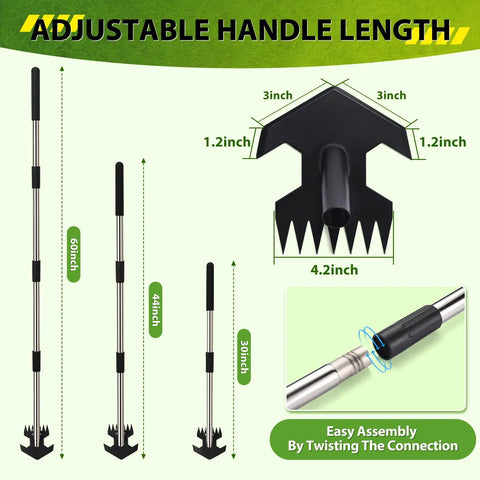 Rocket Shaped One Hand Garden Hoe For Weeding Adjustable 30 To 60 Inch Steel Handle length dimensions and assembly detail